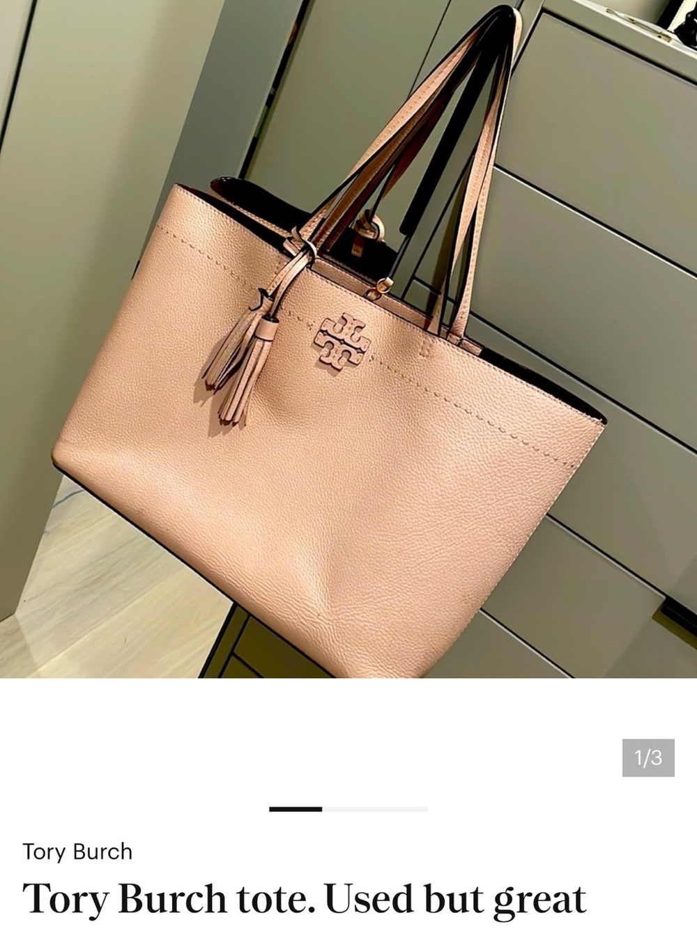Tory Burch Blush Pink Pebbled Leather Tote with Tassel